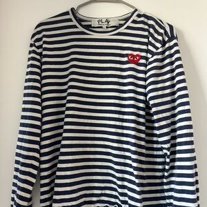 Comme des Garçons PLAY Navy Striped Tee with Red Heart